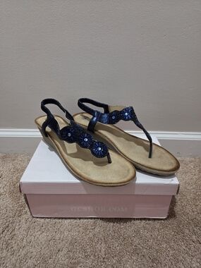 Navy Beaded T-Strap Slingback Sandals
